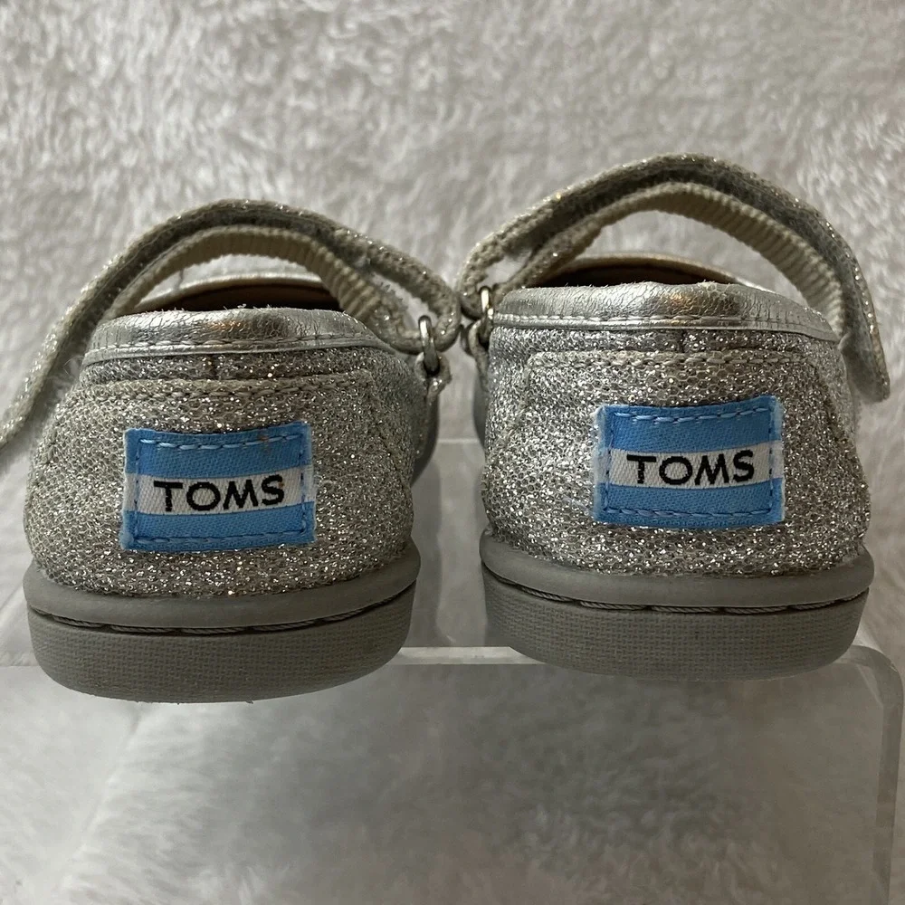 Tiny Toms Silver Glitter Mary Jane Slip On Shoes Girls 6 Adjustable Sparkly